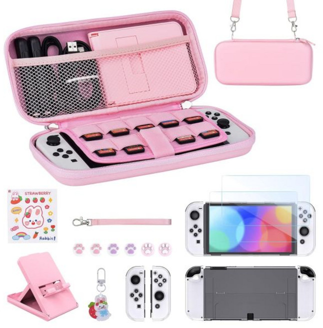 유닉 스위치 액세서리 번들 17-in-1 퍼플 스위치 액세서리 키트 소녀용 스위치 휴대 케이스 조절 가능한 스탠드 스위치 콘솔 보호 케이스, 핑크