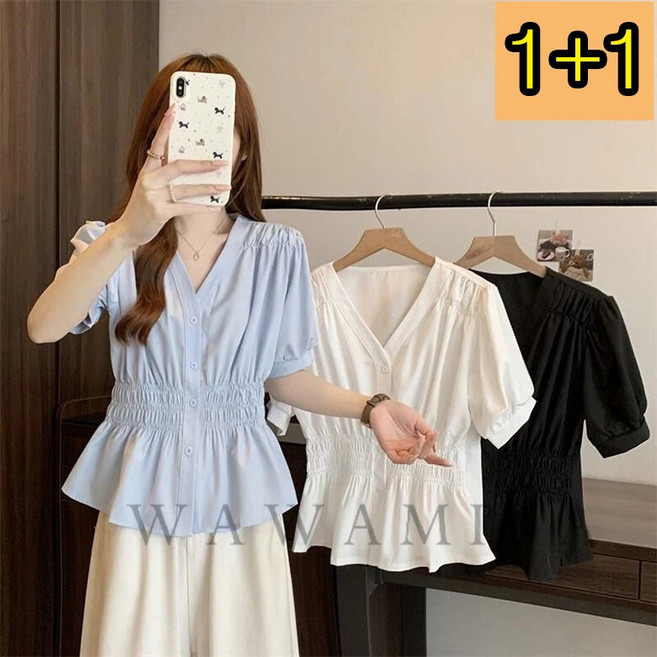 1+1 / 2장 세트 반팔 브이넥 셔츠 허리 슬림 솔리드 여성여름셔츠 여자블라우스 WAWAMIYA