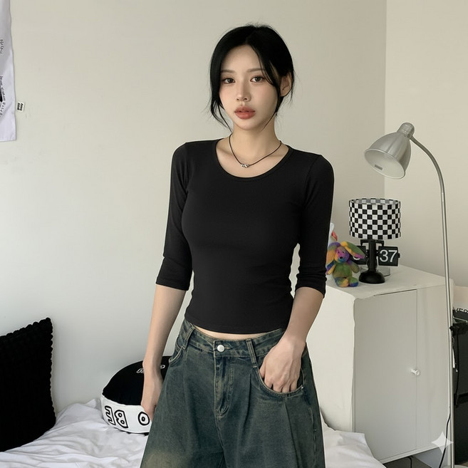 [기본템/5col] 얼스 베이직 라운드넥 7부 무지 티셔츠