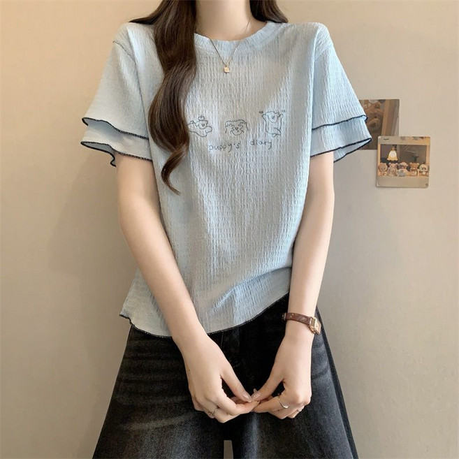 Makone 여성 라운드넥 강아지 자수 예쁜 상의 심플 데일리 반팔 티셔츠 스쿨룩