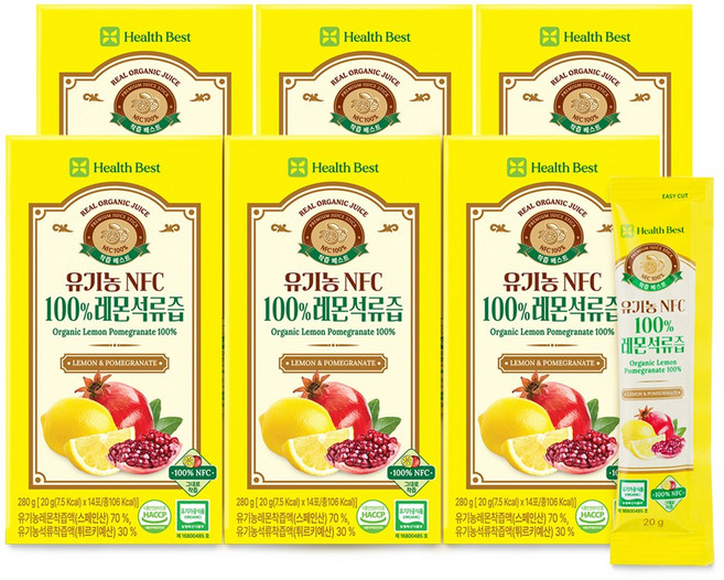 헬스베스트 착즙베스트 유기농 NFC100% 레몬석류즙, 6개, 280ml