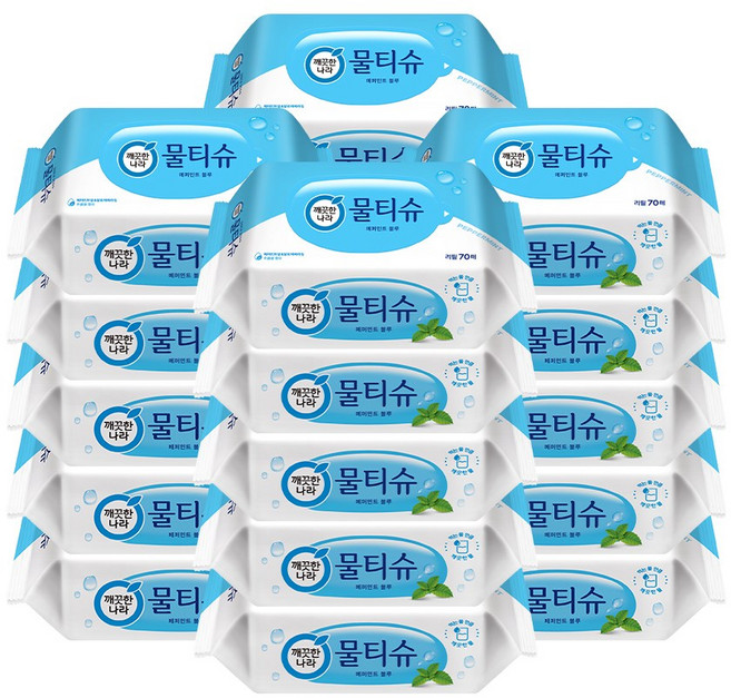 깨끗한나라 페퍼민트 물티슈 FRESH 리필 70매x10팩, 20개, 70개입, 225g