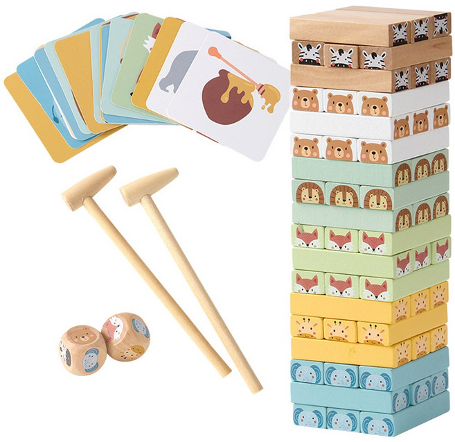 투키토이 원목스태커 주사위 카드 망치 유아 나무블록쌓기 보드게임, 1개