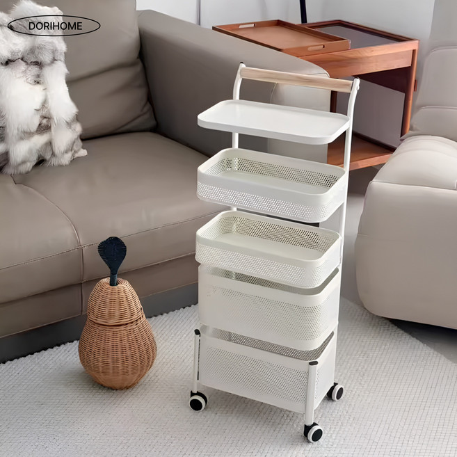 도리홈 이동식 트롤리 수납 철제 선반 철제, 5단, 소프트 하얀색