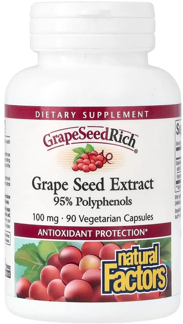 네츄럴팩터스 그레이프 시드 리치 포도씨 추출물 폴리페놀 Vitis vinifera 100 mg 베지캡슐 90정, 1개 - 쿠팡