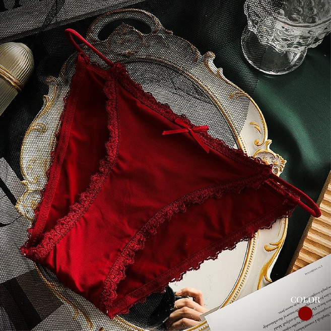 LUCISSI 蕾絲蝴蝶結內褲 低腰透膚設計 三角半包臀剪裁, [款五] 蕾絲包邊內褲-酒紅佳人（均碼）