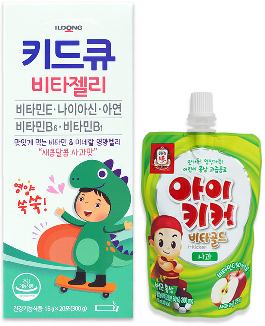 일동제약 키드큐 비타젤리 20포 + 아이키커 비타골드 사과맛 어린이비타민세트, 1세트, 1L