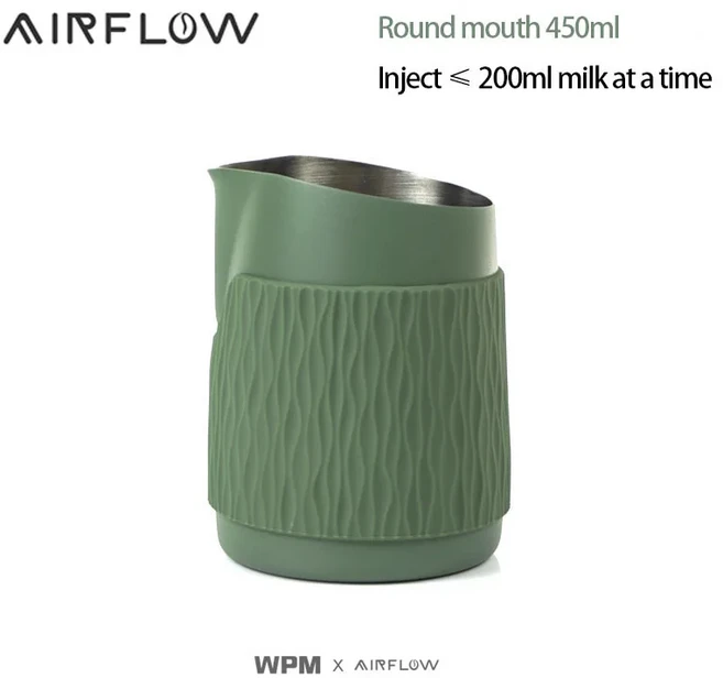 미니빔 AIRFLOW x WPM 협업 우유 거품기 주전자 450ml 스테인레스 스틸 우유 투수 라떼 아트 샤프/라운드, 01 450ml, 02 R-Dark Green