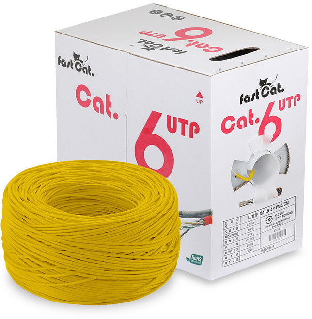 국산 동일전선 황색 CAT6 UTP케이블 300M 옐로우 박스 롤 랜툴 RJ45 잭 단선 기가 인터넷선 제작 통신선