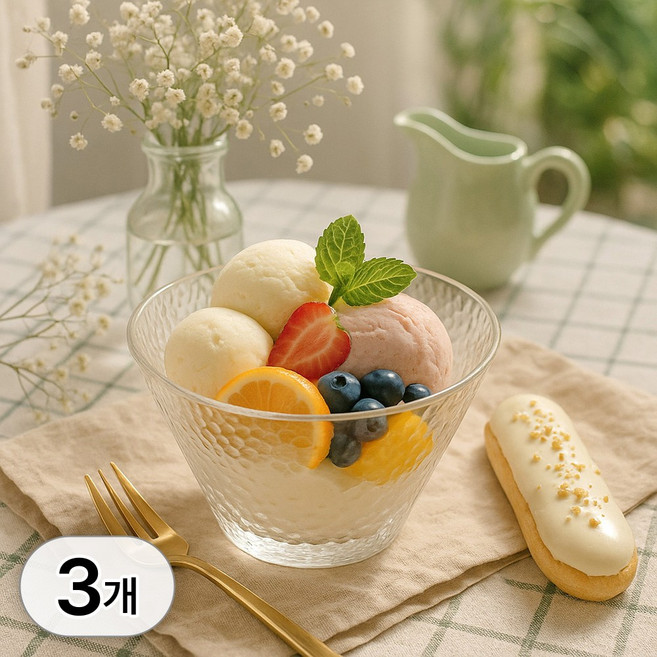 투데이리빙 3P 세트 해머드 유리 디저트볼 투명 아이스크림잔 다용도 요거트볼 과일 샐러드볼 빙수 화채 글라스 시리얼 종지 인테리어 소품, 3개, R98693A(투명