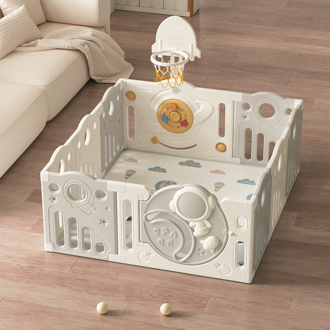 寶寶遊戲圍欄嬰兒防護欄地上爬行兒童室內家用小孩爬行墊護欄客廳, 宇航員圍欄灰白色(8+2+籃球板+2cm爬行墊+100個海洋:1個