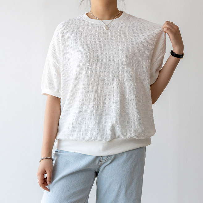 코코세븐 여성 여름 오버핏 엠보 라운드 시보리 반팔 맨투맨 티셔츠