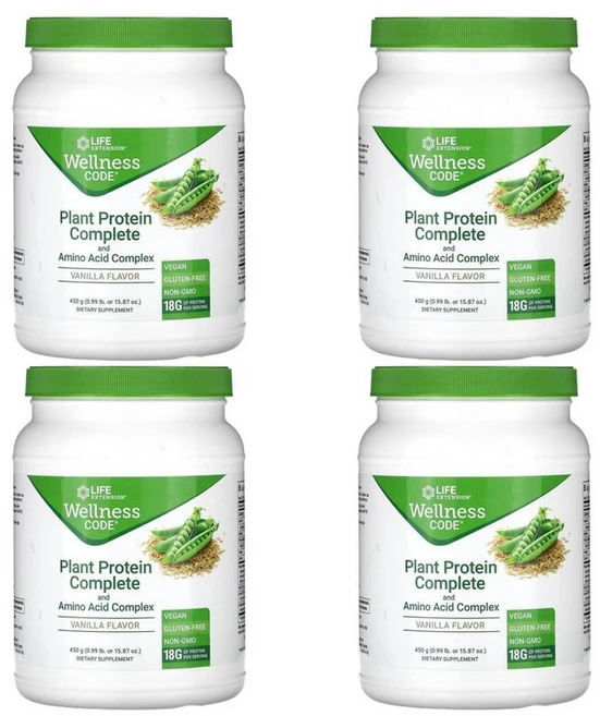 라이프 익스텐션 웰니스 코드 플랜트 프로틴 컴플리트 아미노산 바닐라 450g, 4개 - 쿠팡