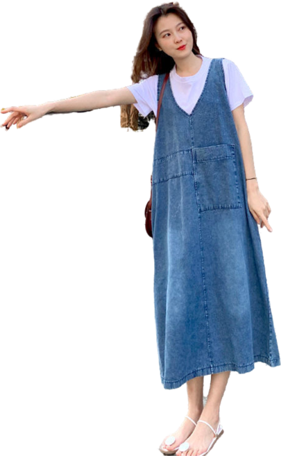 YI MING 여성용블루빅 사이즈 브이넥 루즈핏 데님 롱원피스 F163