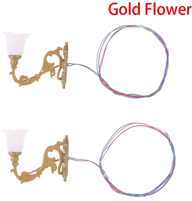 2pc 골동품 1:12 인형 집 램프 벽 조명 DIY 모델 장식 장난감 액세서리 정원 마당 샹들리에 테이블 Led 빛, 02 4Gold Flower