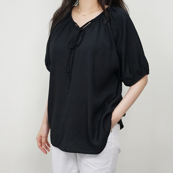 빅걸스토리 여성 빅사이즈 모리 리본끈 반팔 블라우스