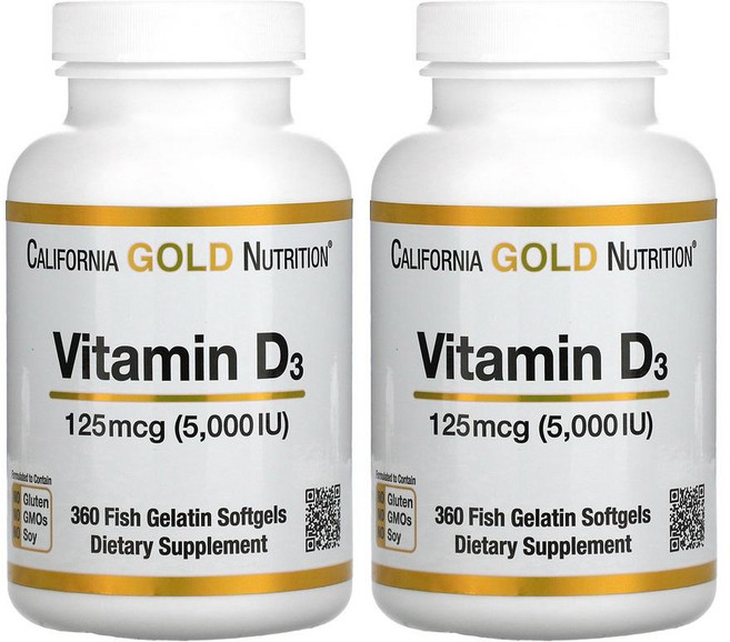 캘리포니아골드뉴트리션 비타민D3 5000IU 360 소프트젤 콜레칼시페롤 라놀린 2병, 2개, 360정