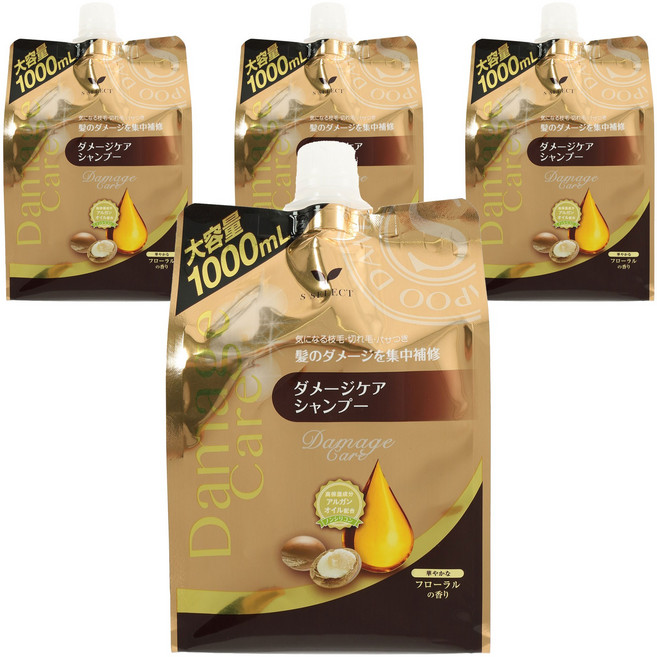 에스셀렉트 데미지 케어 샴푸 플로럴 향 리필용 특대, 4개, 1L