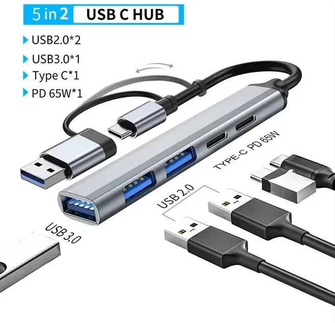 KEBIDUMEI 4/5 IN 2 USB 3.0 타입 C 허브 도킹 스테이션 PD 65W 5Gbps 멀티 어댑터 (PC 노트북 맥북 프로용, 01 China Mainland, 02 오렌지
