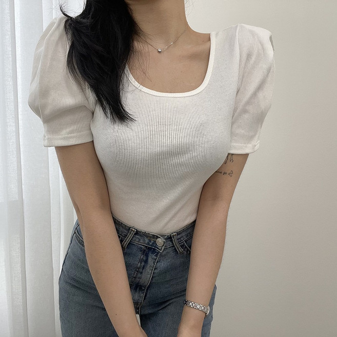 바나나2 국내제작 러블리 퍼프소매 슬림핏 골지 반팔 티셔츠