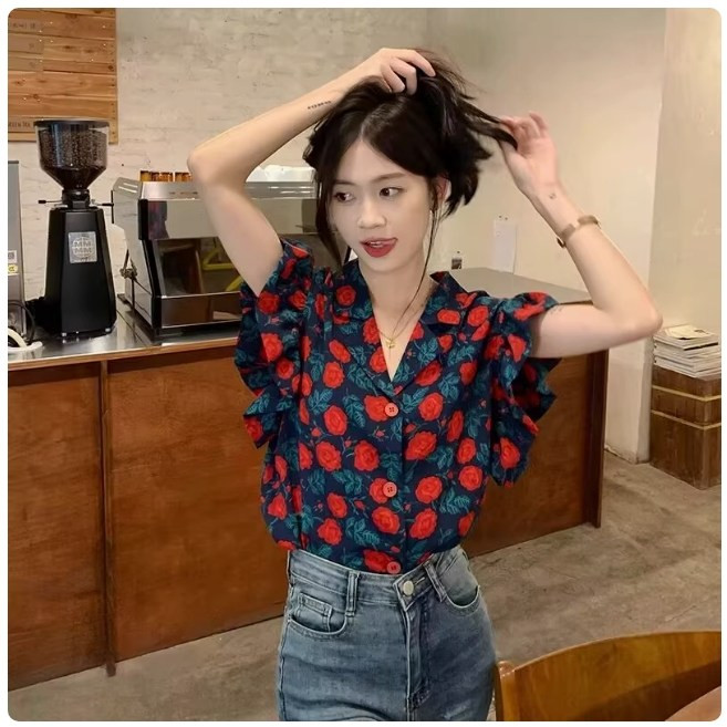 쌍천 빈티지 날개 브이넥 플라워 시폰 셔츠