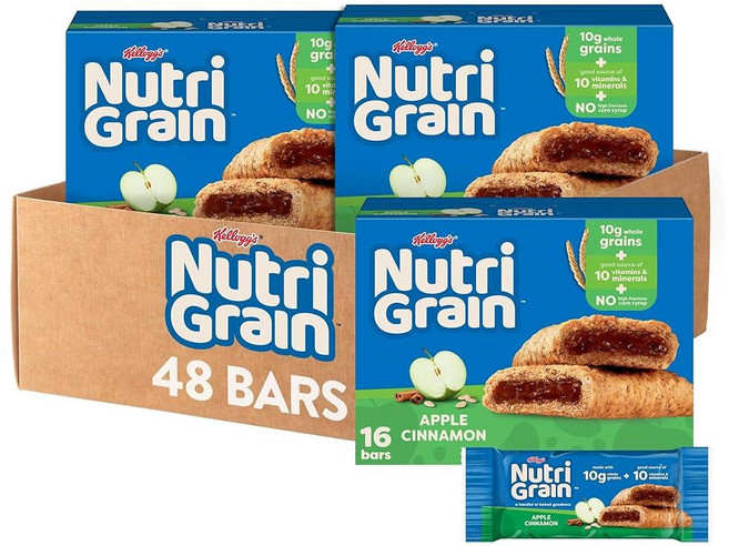 Nutri-Grain 소프트 베이크드 브렉퍼스트 바 통곡물로 제작 어린이 간식 밸류 팩 애플 시나몬(박스 3개 바 48개), 599.7g, 1) 애플 시나몬.