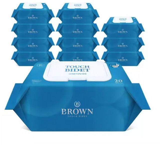 브라운 물티슈 변기에 쏙 물에녹는 터치비데 화장실용 비데물티슈 20매 휴대용 캡형 12팩, 12박스