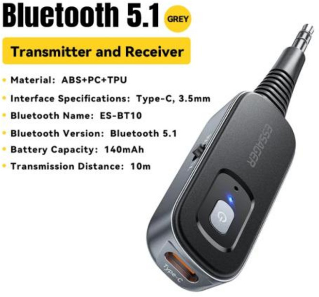 Essager 2 in 1 무선 블루투스 5.1 리시버 송신기 자동차 음악 오디오 AUX다중 프로토콜 헤드폰용 3.5mm 잭, 없음