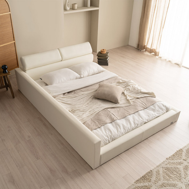 젠티스 스너그온 헤드레스트 저상형 낮은 PU 가죽 패밀리 침대 프레임, 화이트