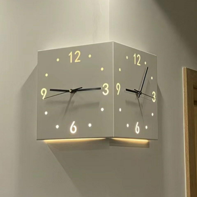 YAPOGI 무소음 실내 양면 코너 벽시계, 화이트, 조명이 있음