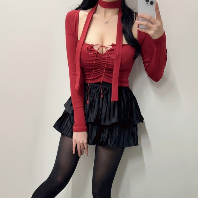 VANANA2 [투피스세트] Santa Girl 국내제작 글래머핏 스트랩 끈 리본 캡가디건 머플러티