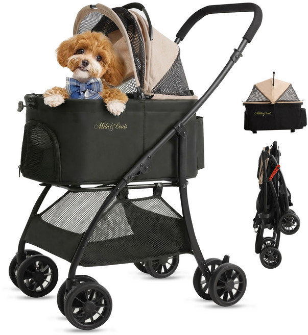 MILA&LOUIS 접이식 분리식 반려동물 유모차 강아지 유모차 고양이유모차 개모차 일체형 뉴바론 개모차 원터치 퀵폴딩 개모차, 베이지, 1개