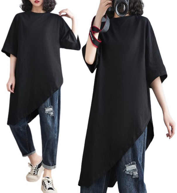 WAWAMOM 여자 언발란스롱티셔츠 언발사선티 여성 비대칭티셔츠 언발티셔츠브라우스 FME33