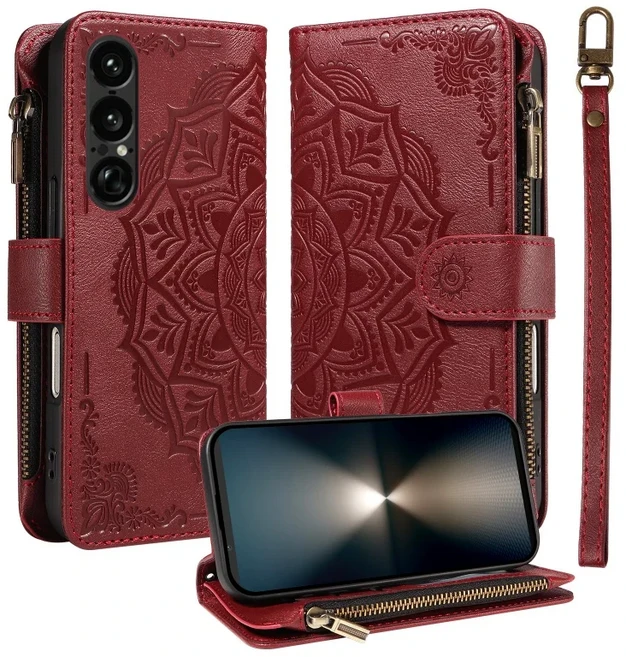 소니 엑스페리아 1 VIII 10 5 V III용 가죽 지퍼 지갑형 손목 스트랩 폰 케이스패턴 카드 홀더 커버, 03 Sony Xperia 5 IV, 05 Red