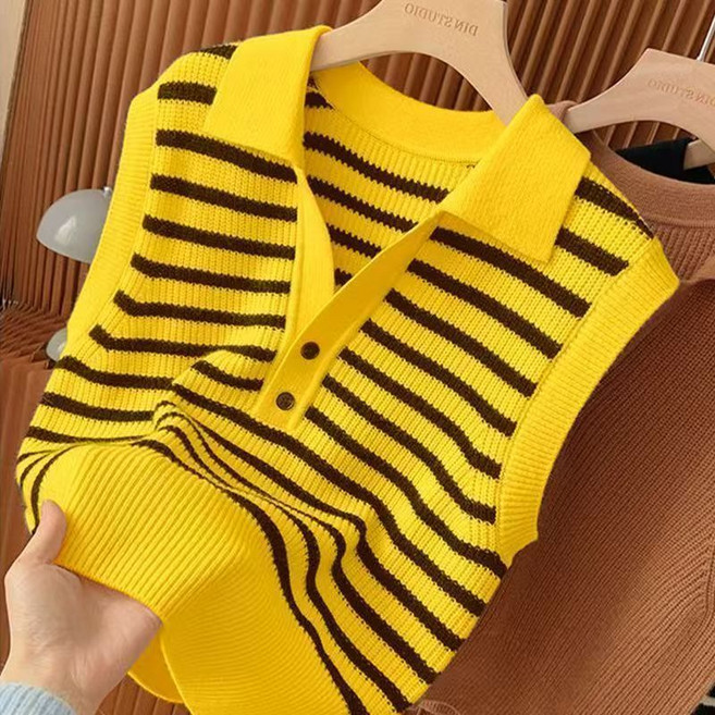추동 골프 나시 여성 스트라이프 민소매 니트 폴로넥 캐주얼 루즈핏 니트