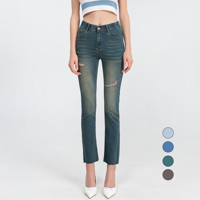 엘블로썸 여성 스판좋은 인밴드 찢청 일자청바지