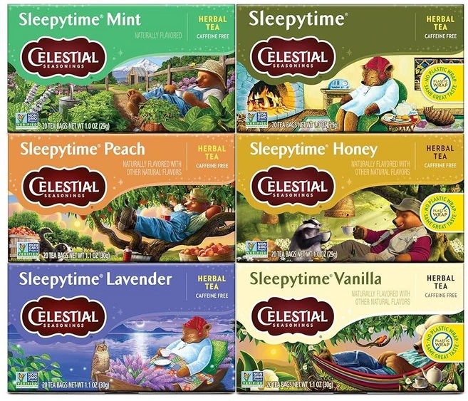 Celestial Seasonings 허브 티 슬리피타임 버라이어티 팩 꿀 복숭아 민트 바닐라 슬리피타임 라벤더 무카페인 수면 티 티백 20개 (6개 팩), Variety Pack - 쿠팡