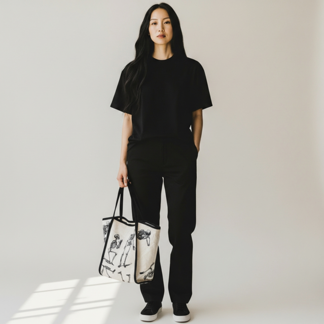 骷髏圖案帆布包 小型 39上寬x22底寬x29高cm 背帶長29CM