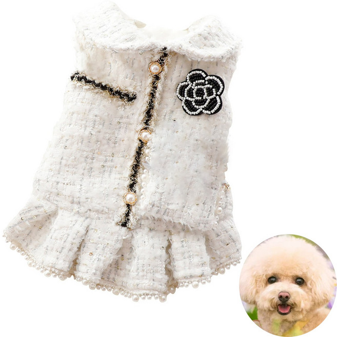 강아지옷 기모체크 트위드공주원피스 반려동물 가을 겨울옷, 1개, 흰색