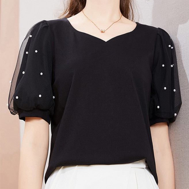 드마엘_진리아 퍼프소매 반팔 블라우스(2color) 반팔티 하객룩