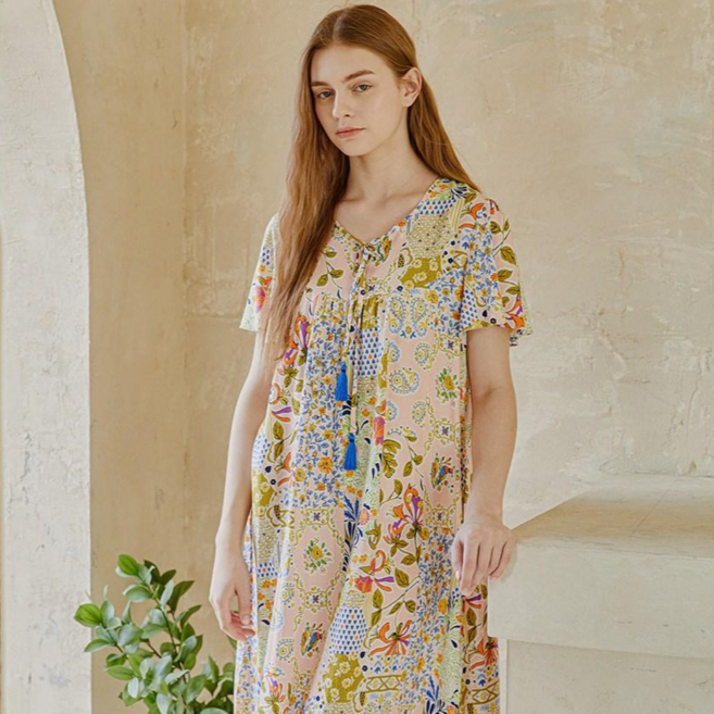 INTIMARE 보타닉 보더 나염 여성 잠옷 원피스