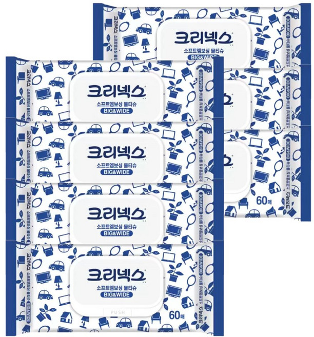 크리넥스 큼직한 소프트엠보싱 안심물티슈, 60매, 7개