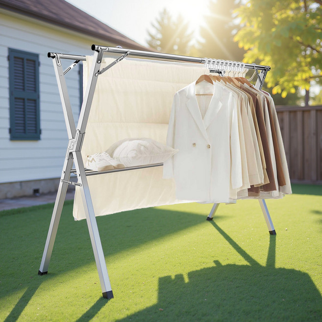 SONGMICS 튼튼한 접이식 X형 길이 조절형 다기능 이불건조대 빨래건조대, 실버