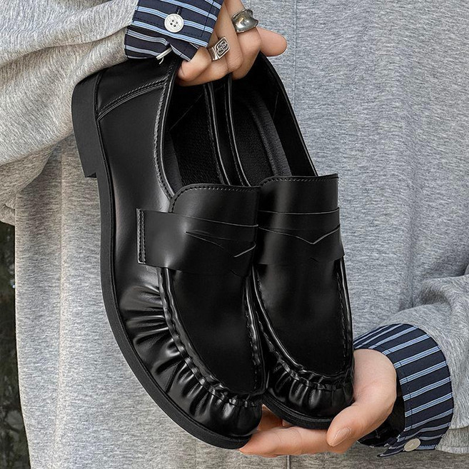男士黑色懶人豆豆鞋 韓版亮皮圓頭休閒皮鞋