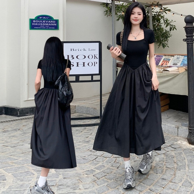 【梨卡】隔日到貨 女裝 洋裝 長裙 連身長裙 遮肚顯瘦 方領連身裙 黑色長裙 顯瘦洋裝 夏天長裙HZ016, 黑色