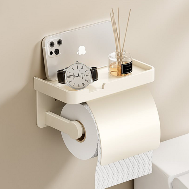 홈데코레 무타공 선반형 휴지걸이 화장지걸이 초강력접착후크제공, 커버형, 1개, 베이지