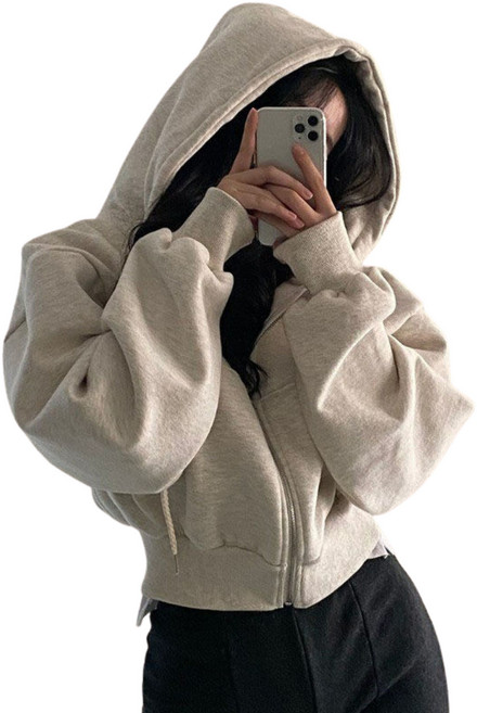 女外套 秋冬外套 女裝新款 ins 加絨多套 百搭 厚外套 帽T女 短修身 拉鍊 保暖 純色 連帽 衛衣女