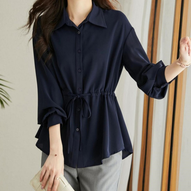 Makone 여성 셔츠크라 오피스룩 스트링 쉬폰 긴팔 심플 블라우스