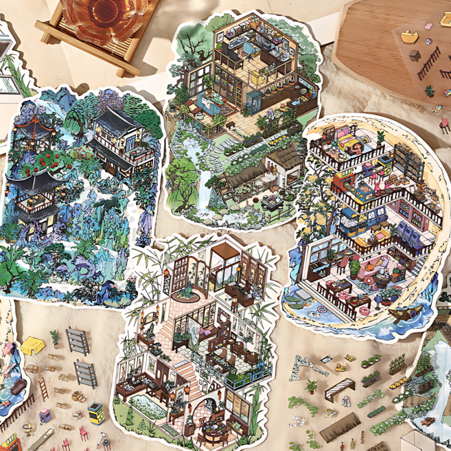 [달빛 아래의 산장] 마이 리틀 유니버스 8.0 3D 집 꾸미기 스티커 4종세트(핀셋포함), 1세트, 혼합