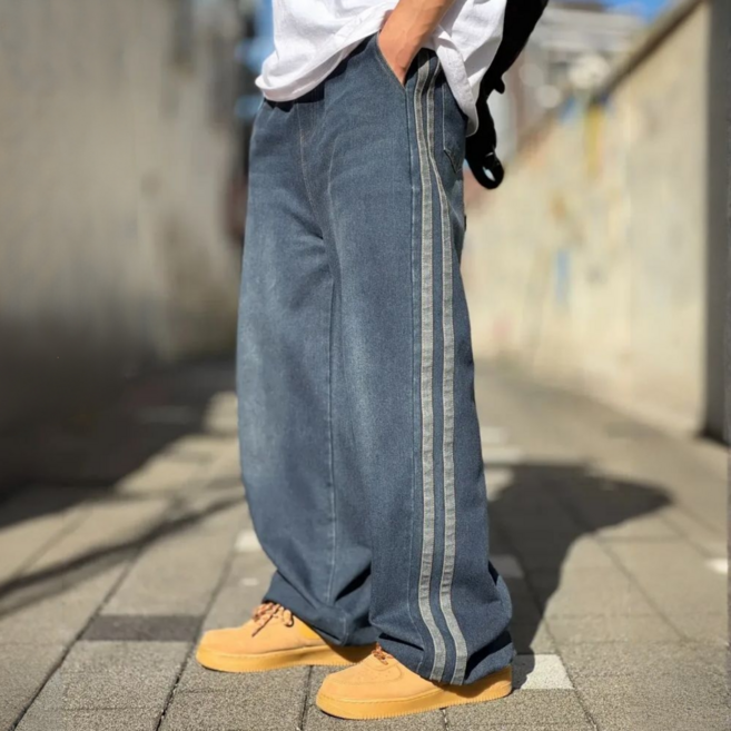 시온 사이드 트랙 워싱 밴딩 와이드 청바지